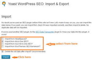 yoast wordpress seo import & export settings
