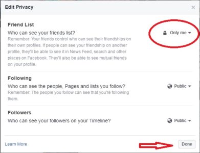 hide facebook friends list from every one