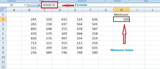 calculate range in excel using min function