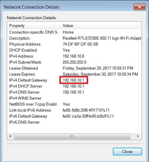 default gateway router ip address