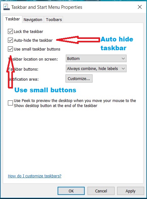 automatically hide taskbar and use small buttons in windows 10