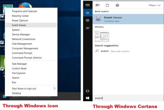 open windows activity log via windows icon and cortana